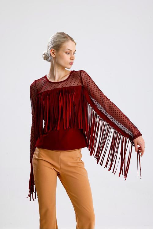 Püsküllü Dalgıç Scuba Krep Tül Bluz Bordo Blz33372
Blz33372