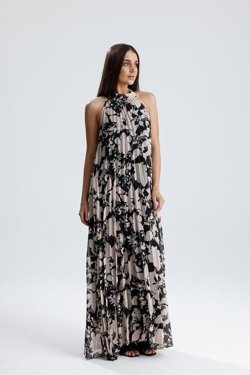 Astarlı Piliseli Uzun Abiye Desenli Şifon Elbise | Elb35127Sf Siyah-Bej