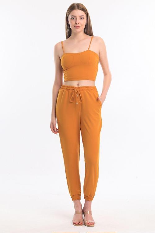 Beli Ve Paçası Lastikli Cepli Scuba Krep Pantolon Pnt33884 Safran