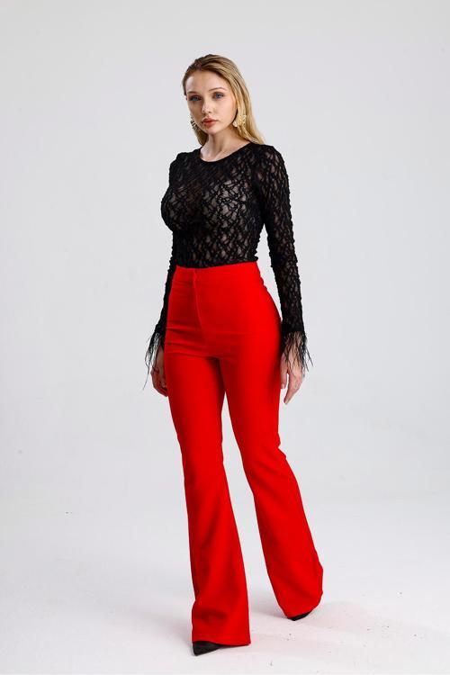 İspanyol Paça Fermuarlı Cepli Hürrem Pantolon | Pnt35010 Kırmızı