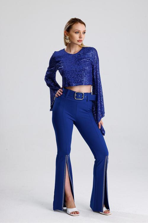 Beli Kemerli Paçaları Taşlı Scuba Krep Abiye Pantolon | Pnt34185 Saks