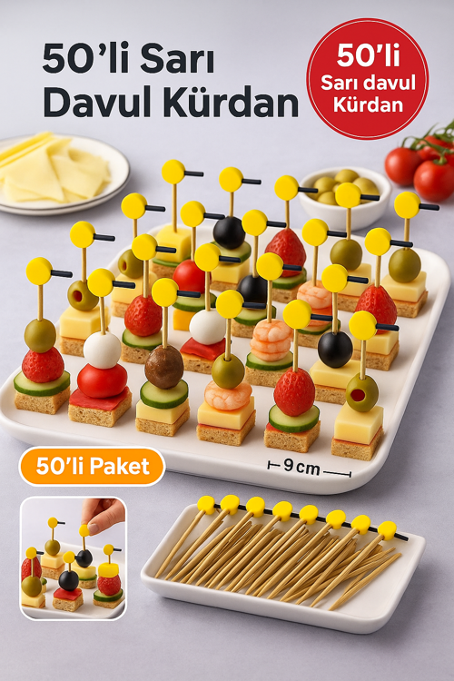 50’li Sarı Davul Kürdan 12 cm – Parti, Sunum, Kanape, Kokteyl ve Peynir Tabağı İçin Dekoratif Kürdan