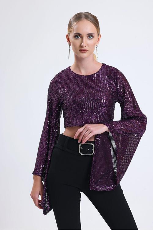 İçi Astarlı Abiye Payet Bluz| Blz35014 Mor