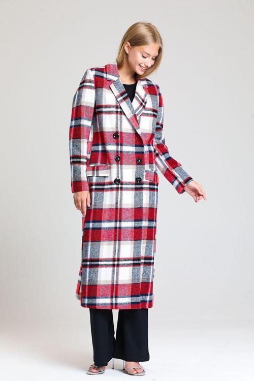 Astarlı Desenli Uzun Kaban | Kbn34176 Kırmızı Ekose