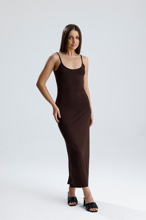 Yırtmaçlı Askılı Likralı Viskon Elbise | Elb35782 Kahve