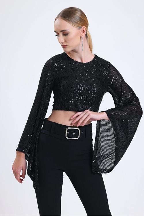 İçi Astarlı Abiye Payet Bluz| Blz35014 Siyah