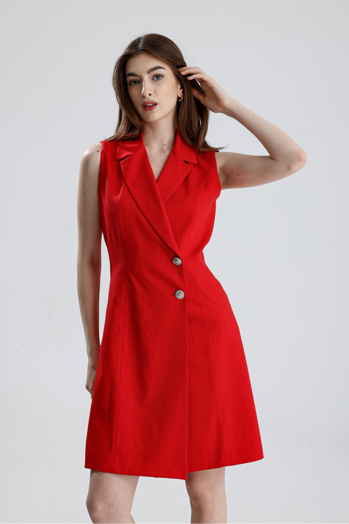 İçi Astarlı Kolsuz Hürrem Uzun Ceket Elbise | Kırmızı-Kırmızı