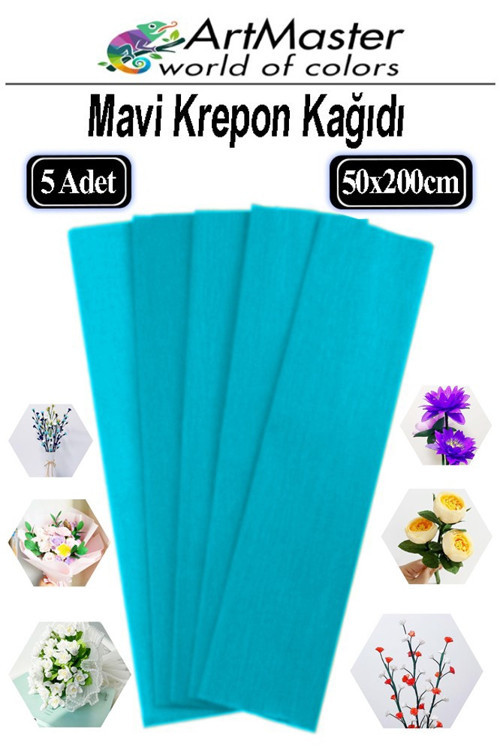 Krapon Kağıdı Mavi Renk 5 Adet 50x200 cm Grapon Kağıdı 5'li Okul Proje Sınıf Anaokulu Kreş Süsleme