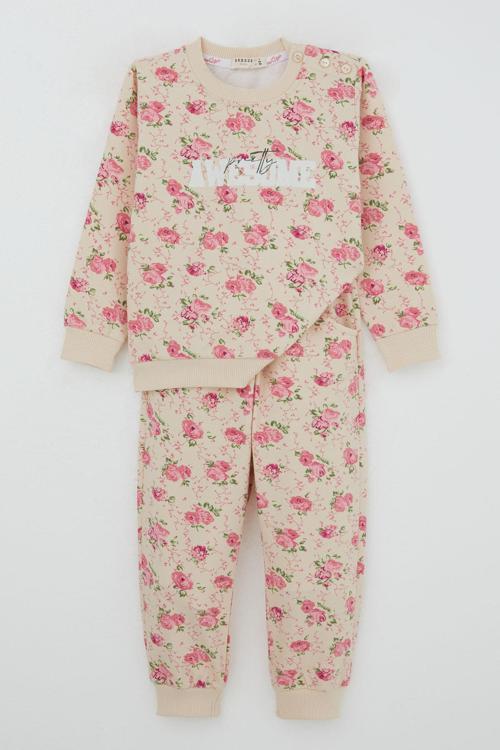 Kız Çocuk Eşofman Takım Çiçek Desenli 1.5-5 Yaş, Bej