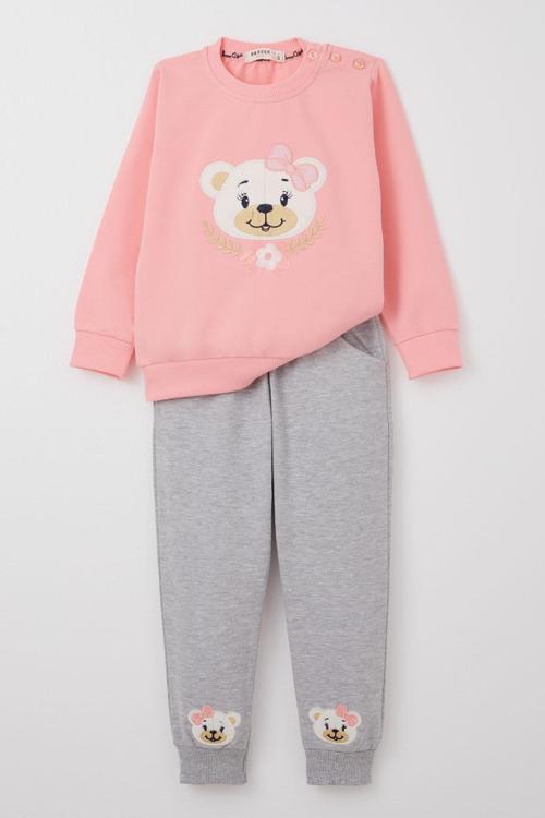 Kız Bebek Eşofman Takım Sevimli Ayıcık Nakışlı Çiçekli 9 Ay-3 Yaş, Pembe
