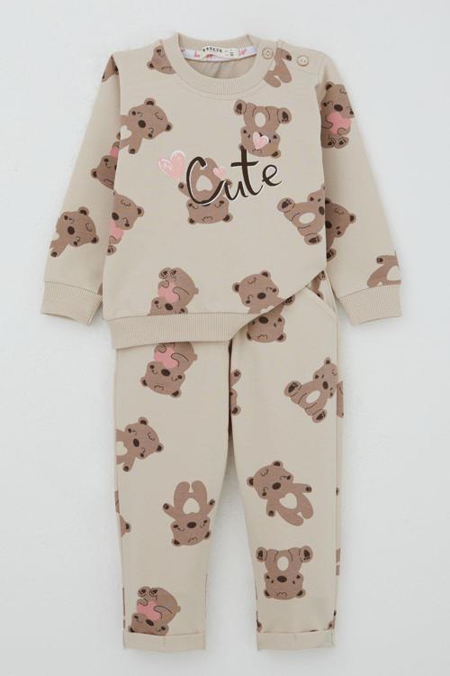 Kız Bebek Eşofman Takım Mutlu Ayıcık Desenli 6 Ay-2 Yaş, Bej