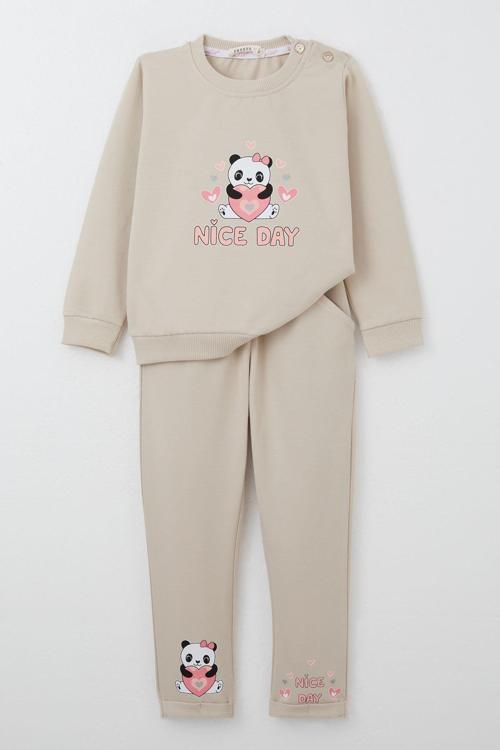 Kız Bebek Eşofman Takım Mutlu Pandacık Baskılı 9 Ay-3 Yaş, Bej