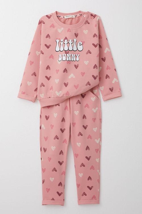 Kız Bebek Eşofman Takım Renkli Kalp Desenli 9 Ay-3 Yaş, Gülkurusu