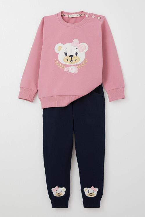 Kız Bebek Eşofman Takım Sevimli Ayıcık Nakışlı Çiçekli 9 Ay-3 Yaş, Gülkurusu