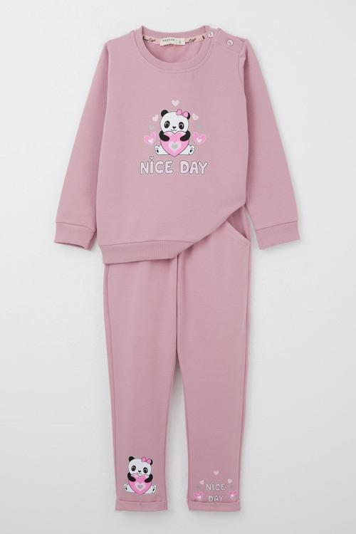 Kız Bebek Eşofman Takım Mutlu Pandacık Baskılı 9 Ay-3 Yaş, Gülkurusu