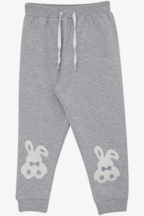 Kız Çocuk Eşofman Altı Tavşancık Nakışlı 1-4 Yaş, Açık Gri Melanj