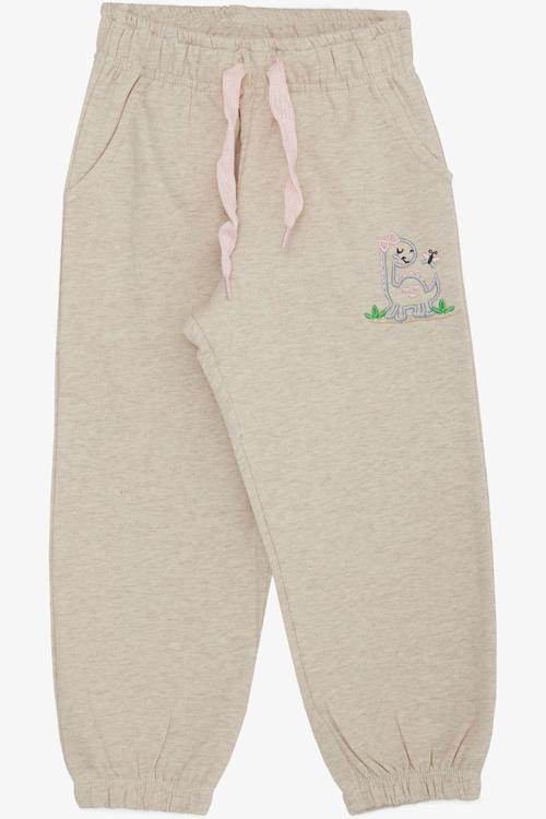 Kız Çocuk Alt Sevimli Dinozor & Kelebek Nakış Baskılı 1-4 Yaş, Bej Melanj