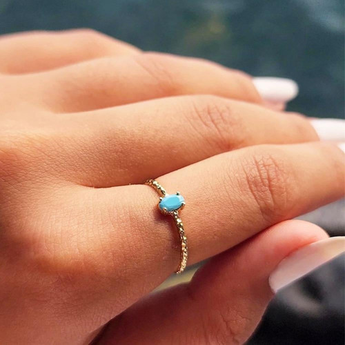 14 Ayar 0.30 Ct Tektaş Altın Yüzük Altın Dövme Turkuaz Taşlı Minimal Tek Taş Yüzük