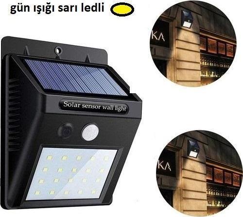 Gün Işığı Sarı Ledli Hareket Sensörlü Güneş Enerjili Led Aydınlatma Dış Mekan Bahçe 20 Led Li