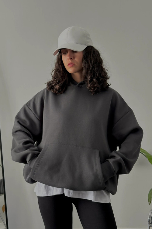 Kadın Kapşonlu Kalın Kanguru Cepli Sweatshirt
