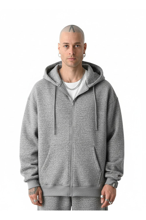 Erkek Basic Bej Unisex Tam Fermuar Sweatshirt Hırka