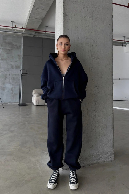 Kadın 3 İplik Oversize Fermuarlı Sweatshirt Hırka Eşofman Takımı