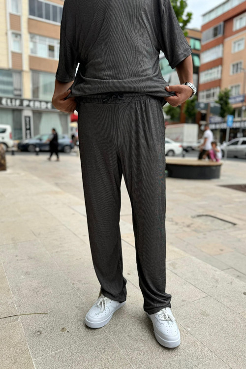 Erkek Çizgili Penye Yazlık Beli Lastikli Cepli Oversize Eşofman Altı