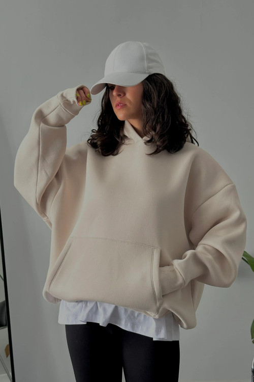 Kadın Kapşonlu Kalın Kanguru Cepli Sweatshirt