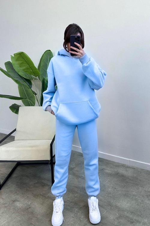 Kadın Oversize Trend Model Kanguru Cep Kapşonlu Sweatshirt Eşofman Takımı