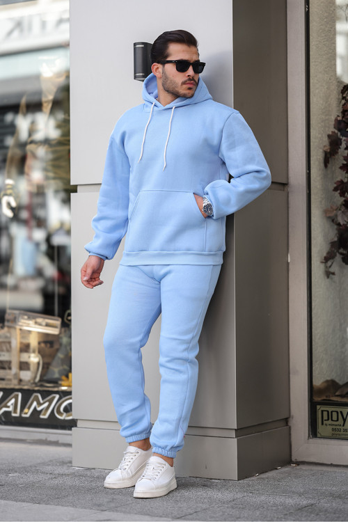 Erkek Bol Oversize 3 İplik İçi Pamuklu Kanguru Cep Kapşonlu Lastikli Paça Jogger Kış Eşofman Takımı