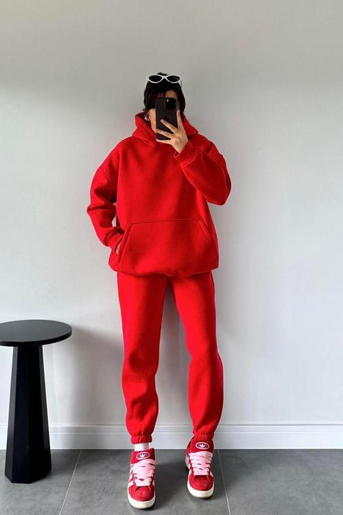 Kadın Oversize Trend Model Kanguru Cep Kapşonlu Sweatshirt Eşofman Takımı