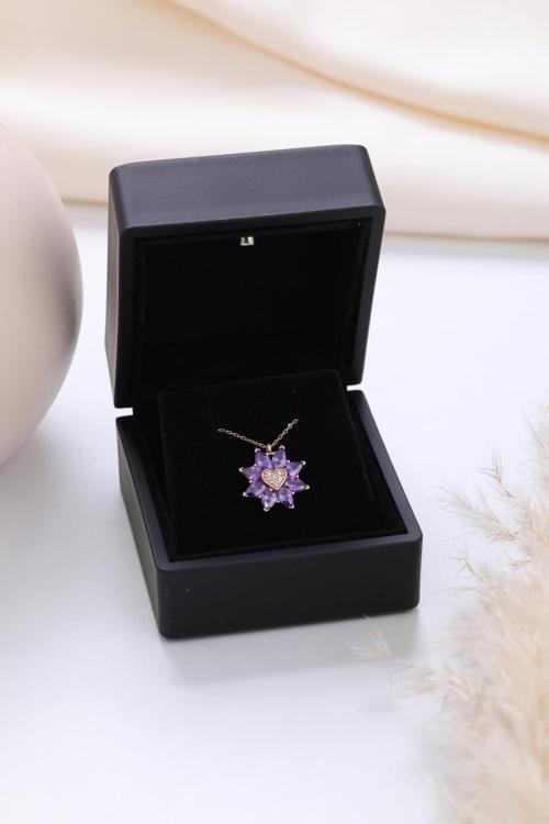 Işıklı Kolye Kutulu Gümüş Kalpli Lotus Çiçeği Kolye | 925 Ayar Gümüş Kolye