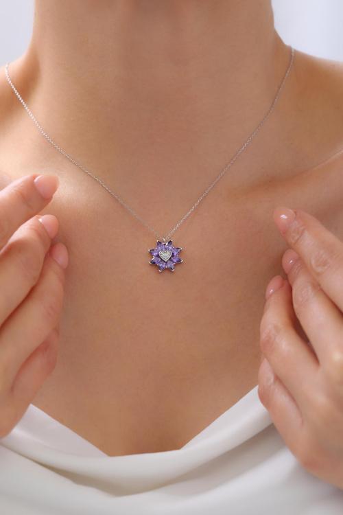 Gümüş Kalpli Lotus Çiçeği Kolye | 925 Ayar Gümüş Kolye