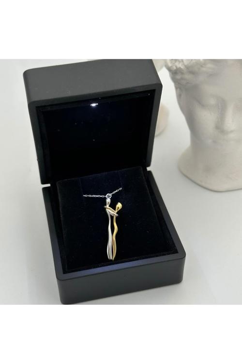 Işıklı Kolye Kutulu Birbirine Sarılan Çift Sevgili Gümüş Kolye | 925 Ayar Gümüş Kolye