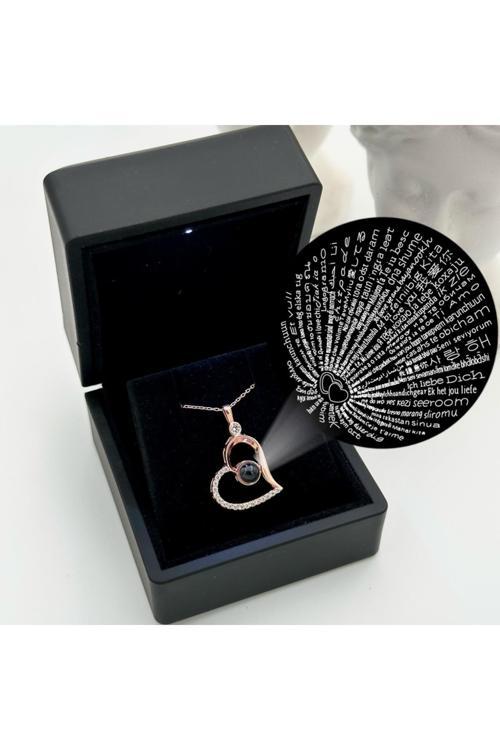 Işıklı Kutuda 100 Dilde Seni Seviyorum Yazan Kalp Kolye | 925 Ayar Gümüş Kolye