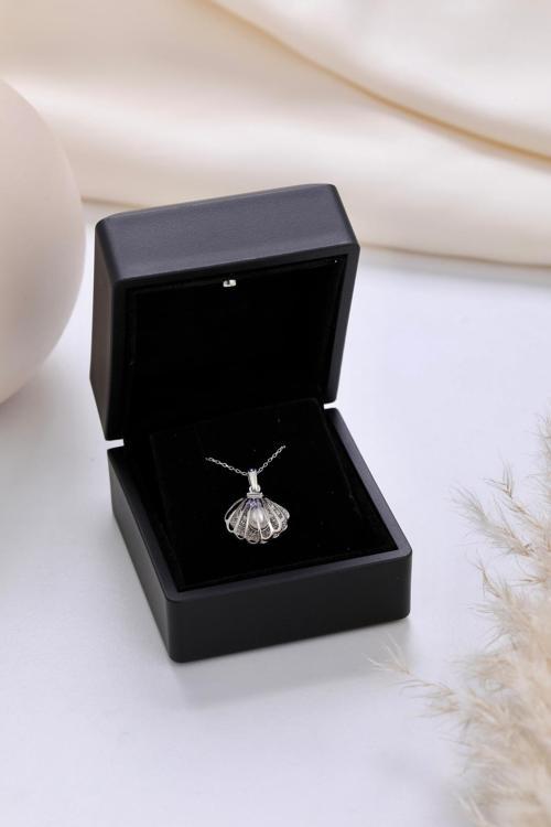 Işıklı Kolye Kutulu Gümüş İstiridye Kolye | 925 Ayar Gümüş Kolye