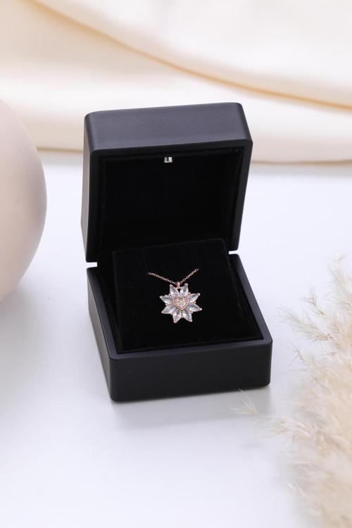 Işıklı Kolye Kutulu Gümüş Kalpli Lotus Çiçeği Kolye | 925 Ayar Gümüş Kolye