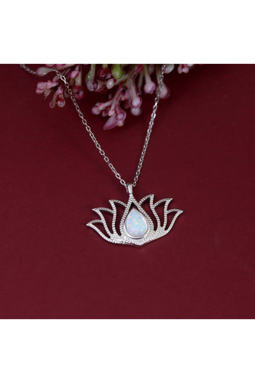 Opal Taşlı Lotus Kolye - 925 Ayar Gümüş Kolye