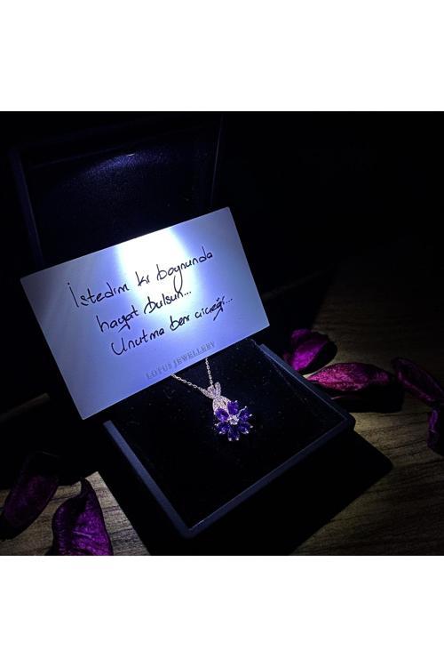 Işıklı Kolye Kutulu Gümüş Unutma Beni Çiçeği Kolye | 925 Ayar Gümüş Kolye