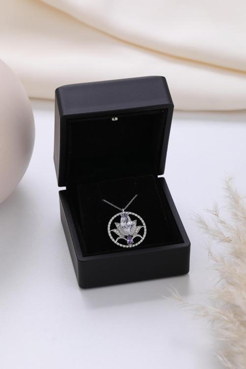 Işıklı Kolye Kutulu Gümüş Lotus Çiçeği Kolye | 925 Ayar Gümüş Kolye