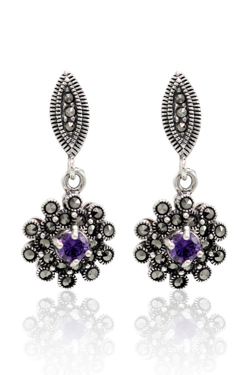 Ametist Ve Markazit Taşlı Çiçek Model Gümüş Kadın Küpe 201024504