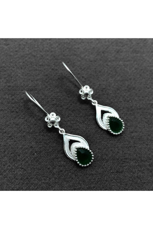 Zümrüt Taşlı Oksitli Telkari Gümüş Bayan Küpe