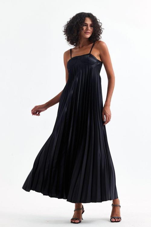 Kaplı Ayarlanabilir Askılı Piliseli Abiye Uzun Saten Elbise | Elb35410 Siyah