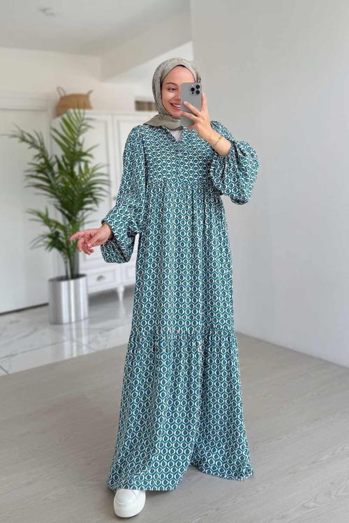 Geometrik Desenli Kuşaklı Elbise - Mavi