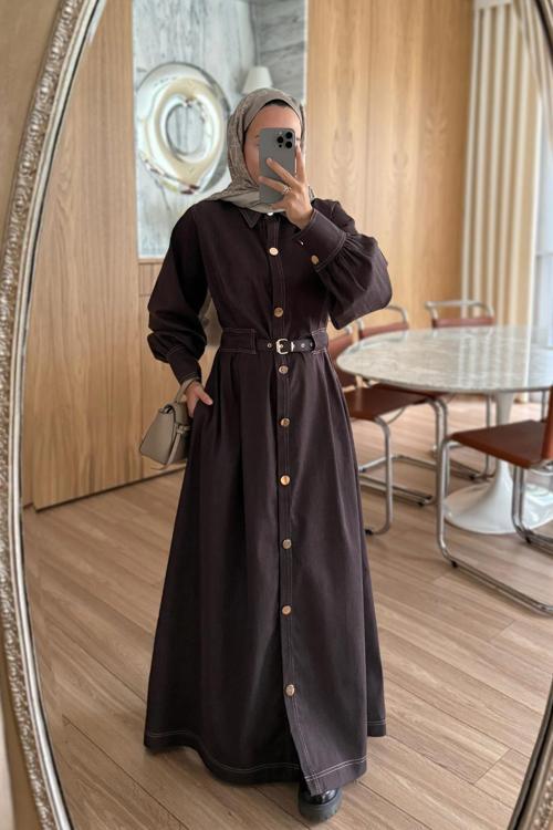 Manşet Detay Düğmeli Uzun Kot Elbise - Kahverengi