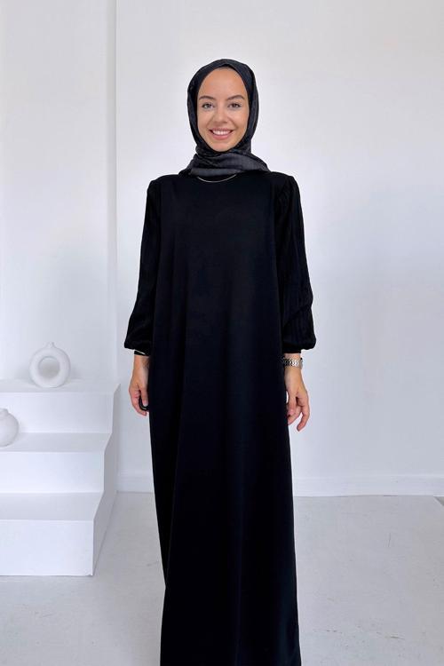 Balon Kol Merserize Elbise - Siyah