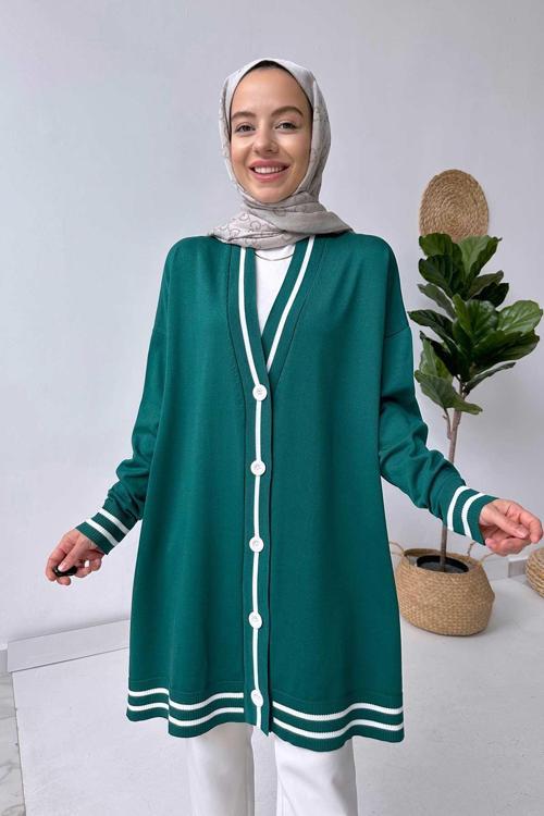 Çizgi Detay Düğmeli Merserize Hırka - Zümrüt