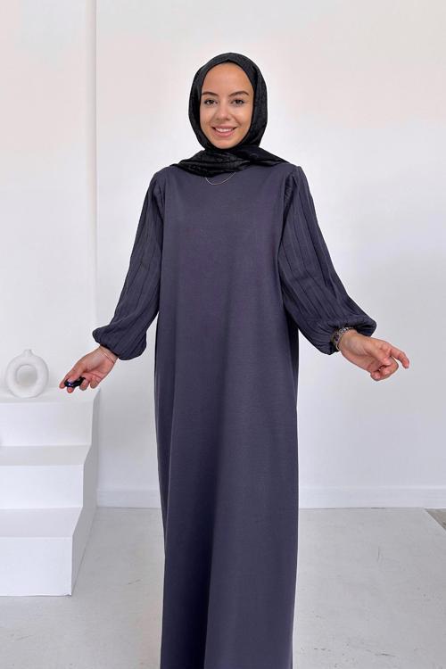 Balon Kol Merserize Elbise - Füme