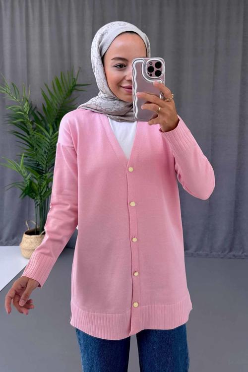V Yaka Yandan Yırtmaçlı Merserize Hırka - Pembe