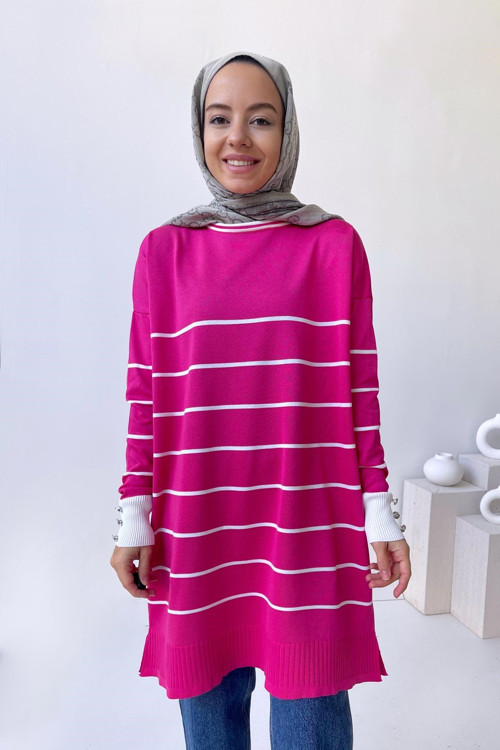 Bisiklet Yaka Çizgili Merserize Tunik - Fuşya